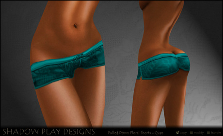 Second Life Marketplace - Pulled Down Floral Shorts - Cyan